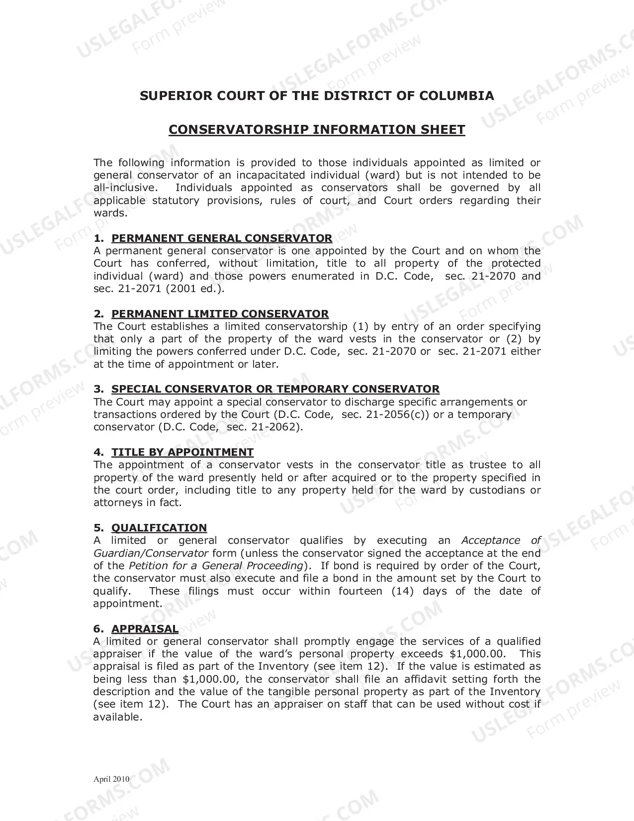 Preview Conservatorship Information Sheet