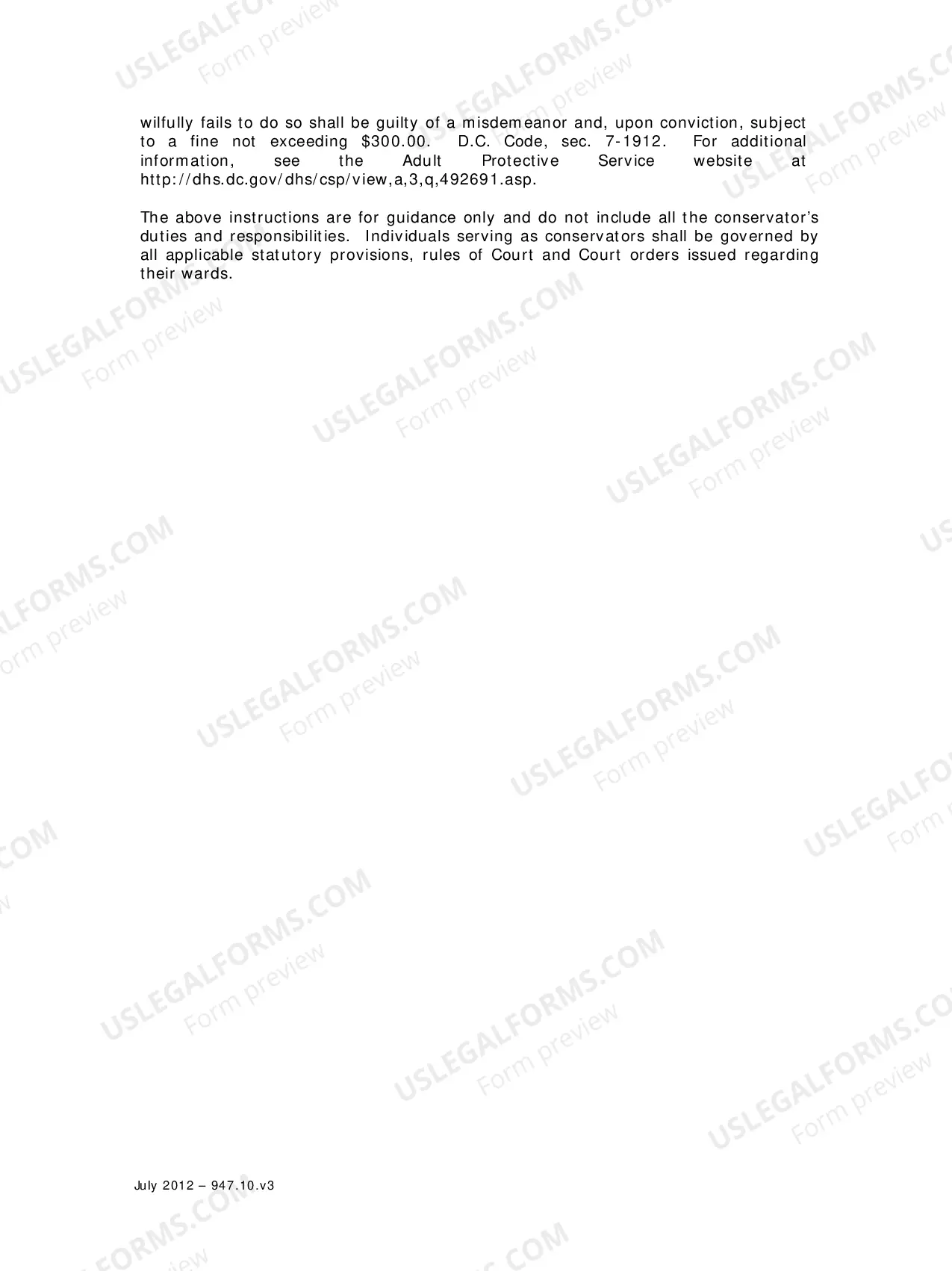 Preview Specific Instructions to Conservators and Conservator Information Sheet