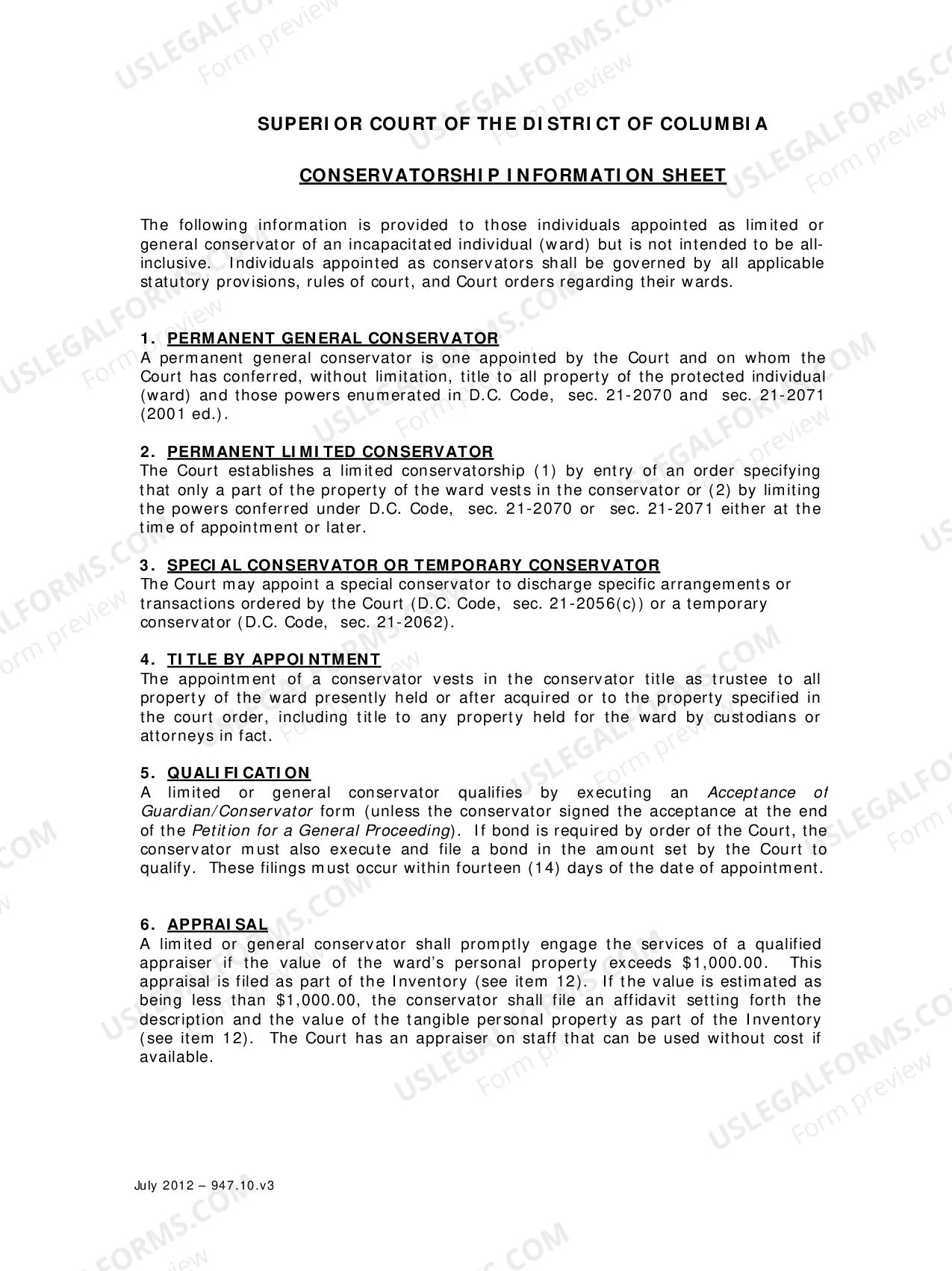 Preview Specific Instructions to Conservators and Conservator Information Sheet
