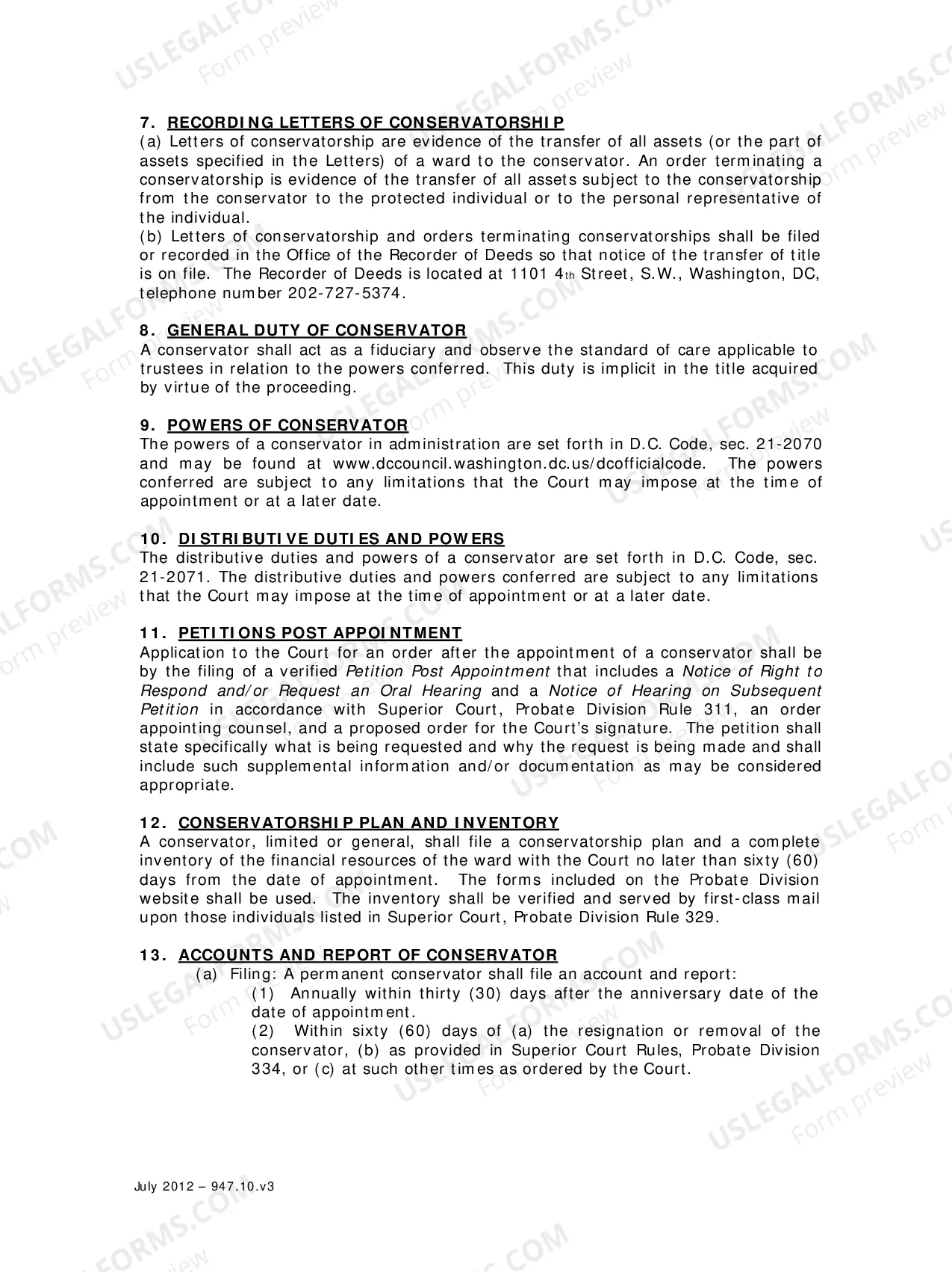 Preview Specific Instructions to Conservators and Conservator Information Sheet