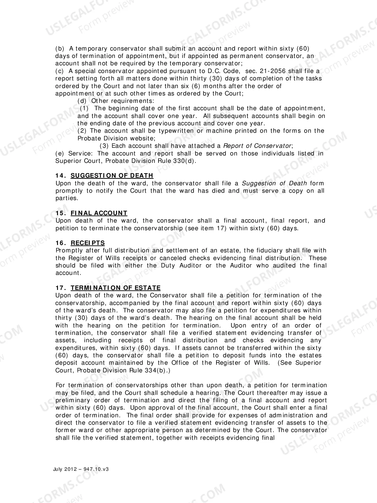 Preview Specific Instructions to Conservators and Conservator Information Sheet