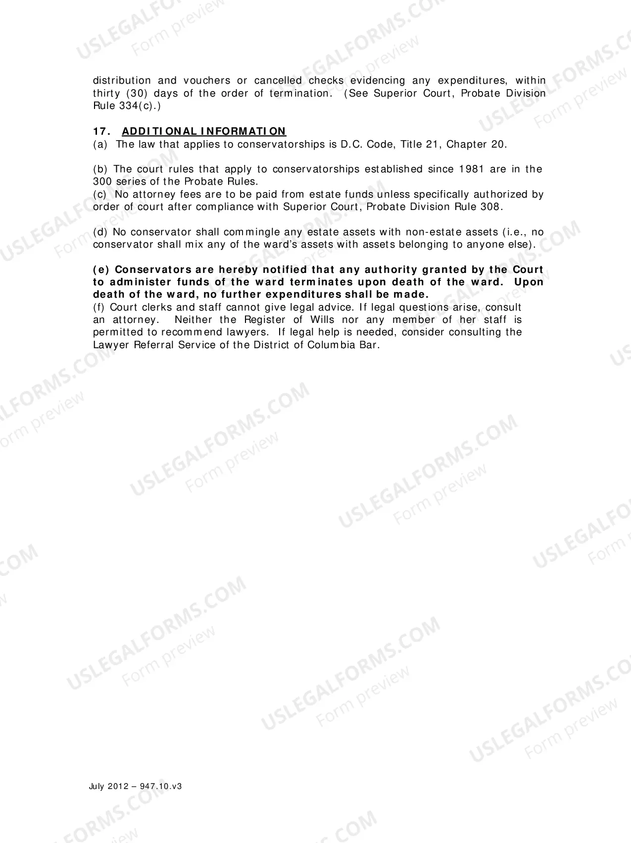 Preview Specific Instructions to Conservators and Conservator Information Sheet