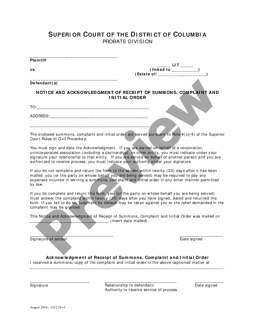 District of Columbia Notice and Acknowledgment of Receipt of Summons ...