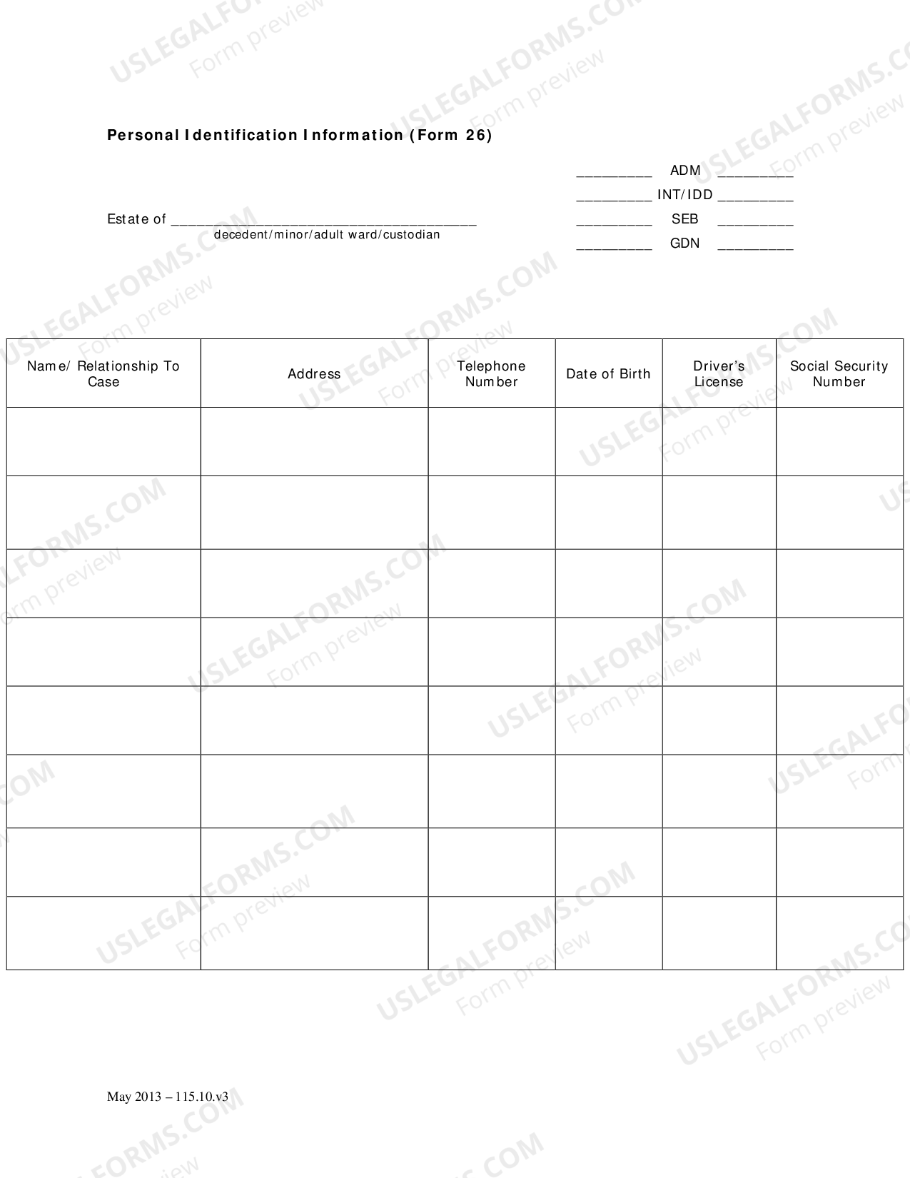 District of Columbia Personal Identification Information Form 26 US