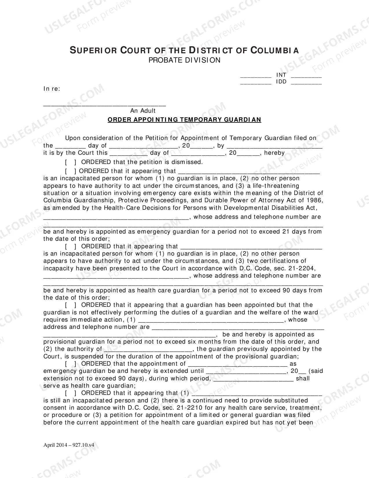 Preview Petition for Appointment of Temporary Guardian and Order
