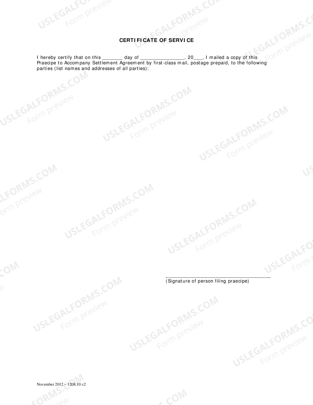 Preview Settlement Agreement Praecipe