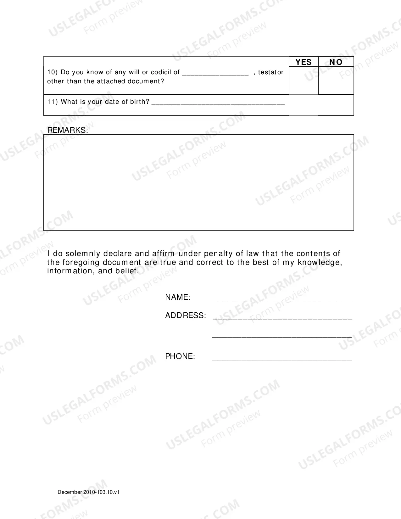 Preview Affidavit of Witness to Will