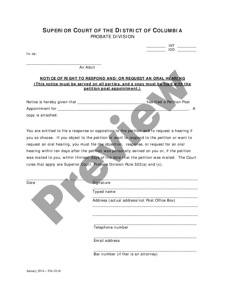 District of Columbia Petition Post Appointment and Order, Order ...