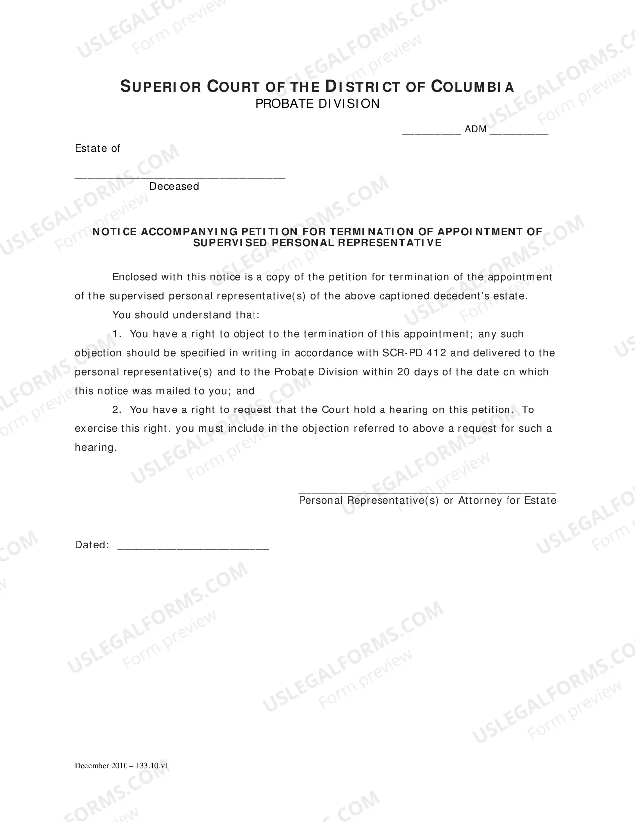 Preview Petition for Termination of Appointment of Supervised Personal Representative, Notice Accompanying Petition and Order