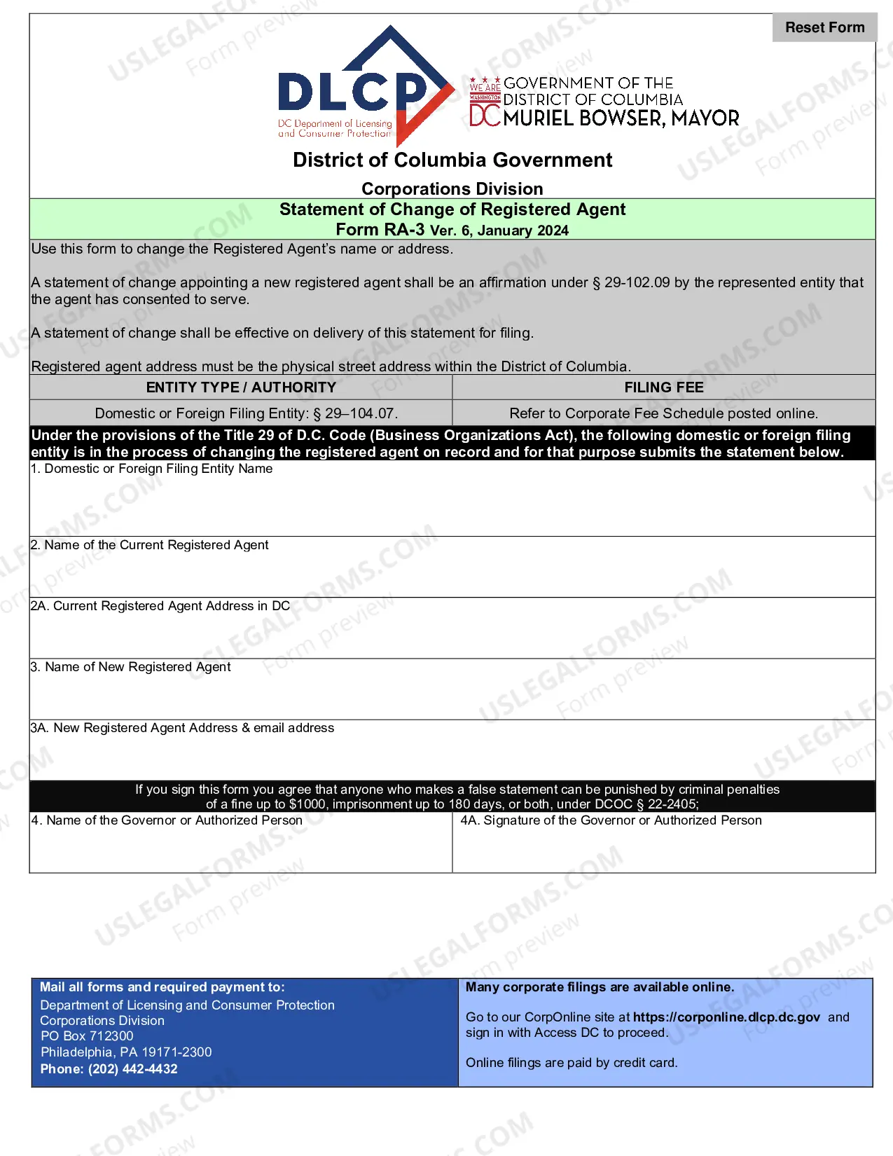 Preview District of Columbia Registered Agent or Office