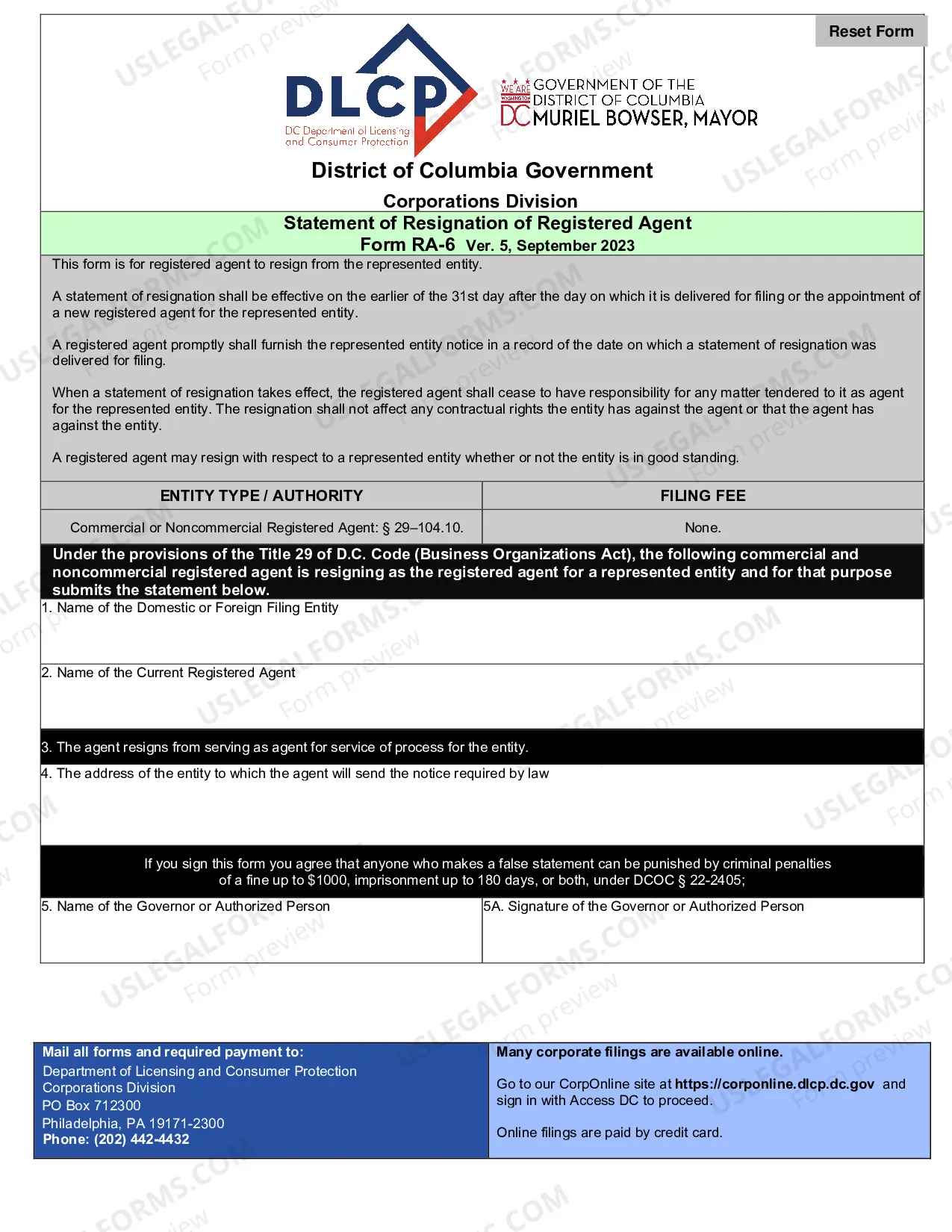 Preview District of Columbia Registered Agent or Office