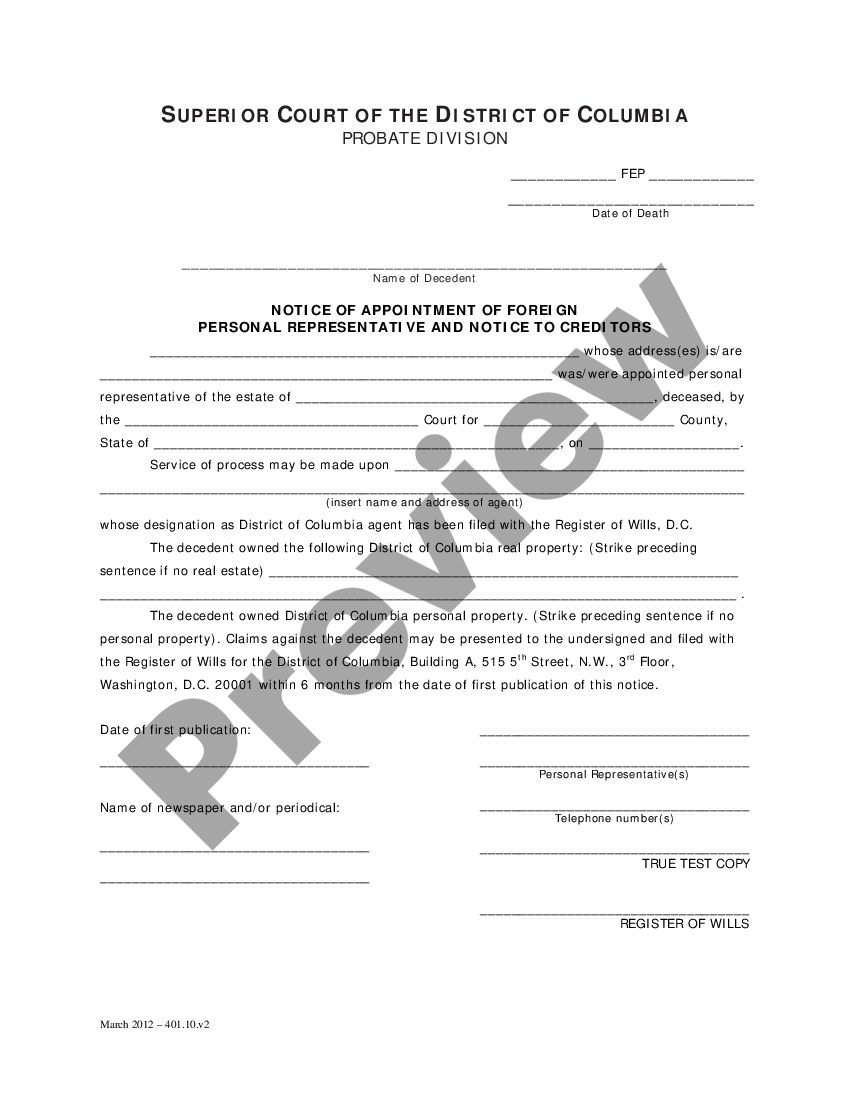 District Of Columbia Notice Of Appointment Of Foreign Personal Representative And Notice To 6598