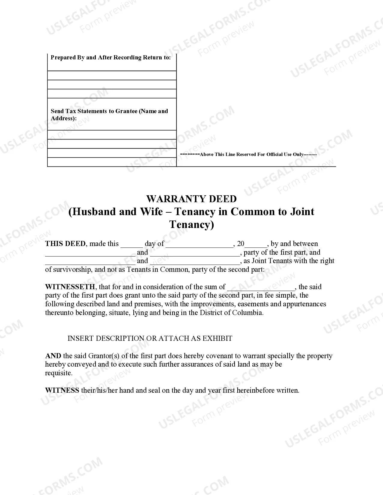 Preview Warranty Deed for Husband and Wife Converting Property from Tenants in Common to Joint Tenancy