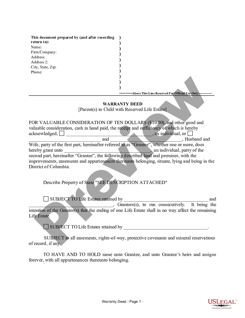 page 3 Warranty Deed from Parents to Child with Life Estate Reserved by Parents preview