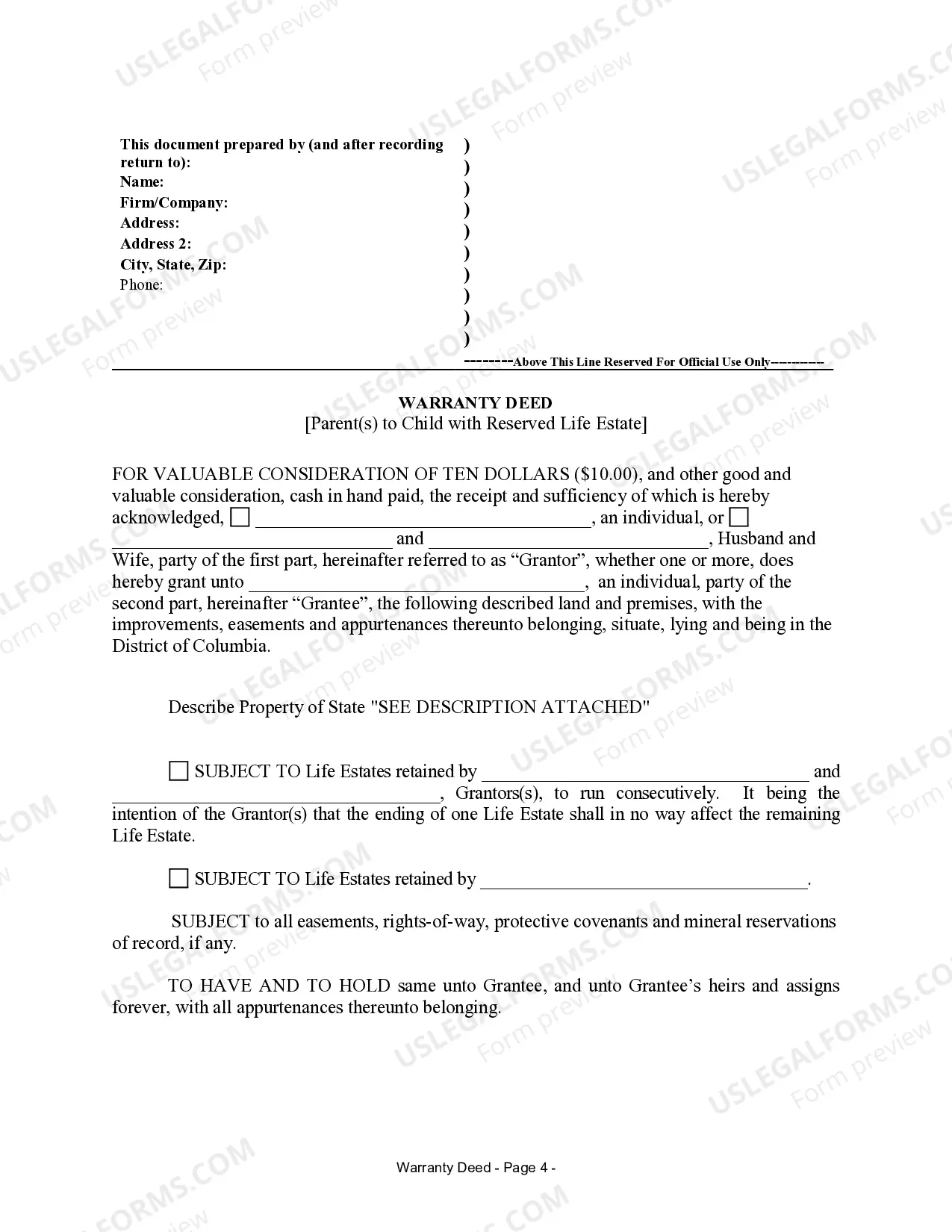 Preview Warranty Deed from Parents to Child with Life Estate Reserved by Parents