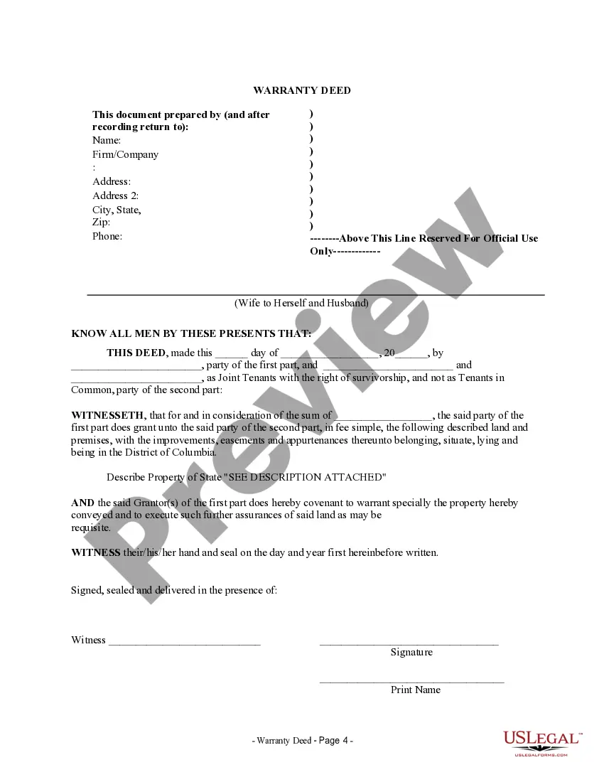 Preview Warranty Deed to Separate Property of one Spouse to both as Joint Tenants
