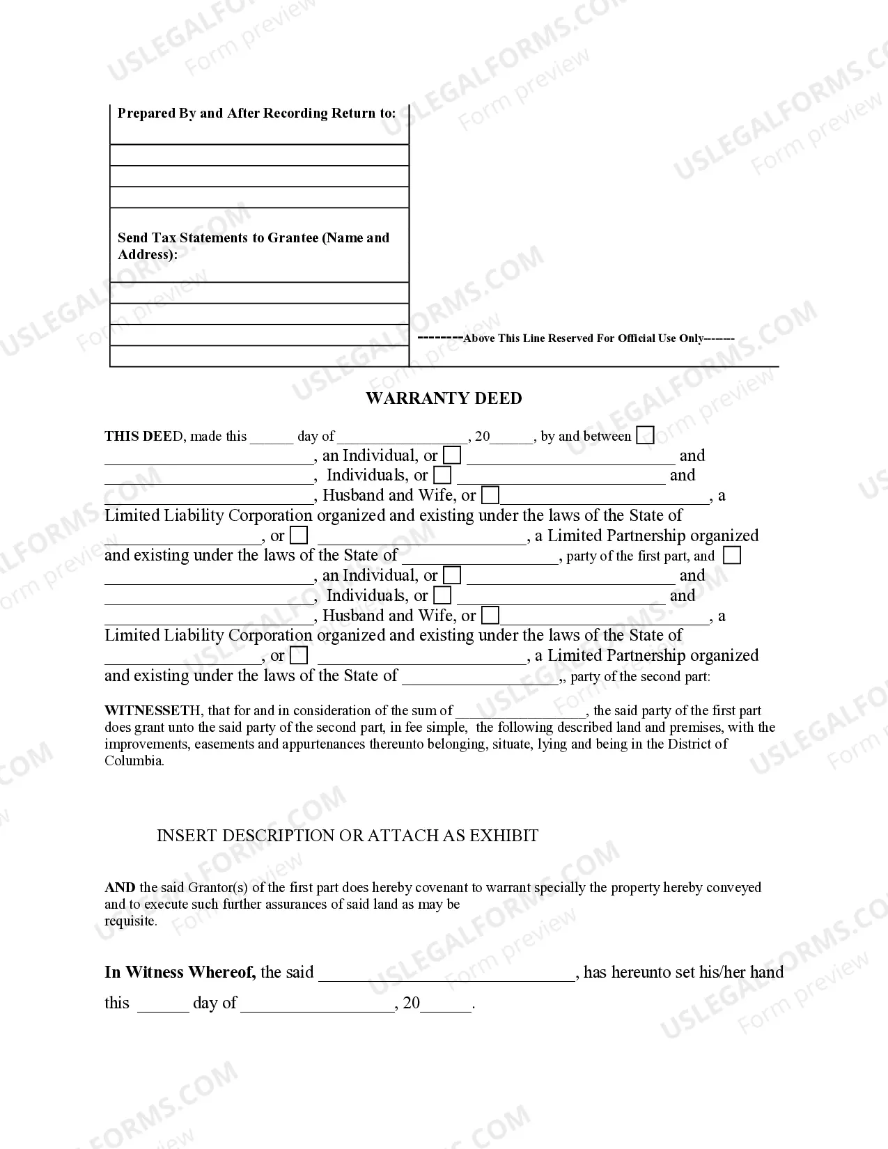 Preview Warranty Deed from Individuals, Limited Partnership or LLC is the Grantor or Grantee