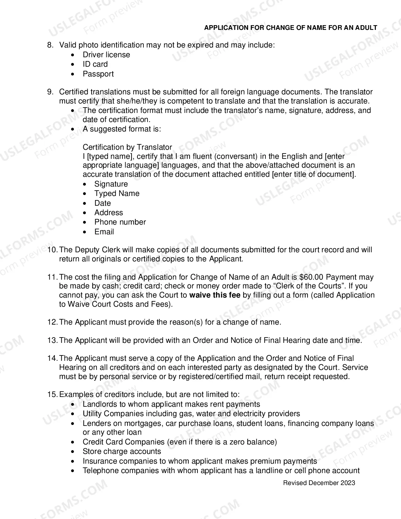 Preview Application For Change of Name (Instructions)