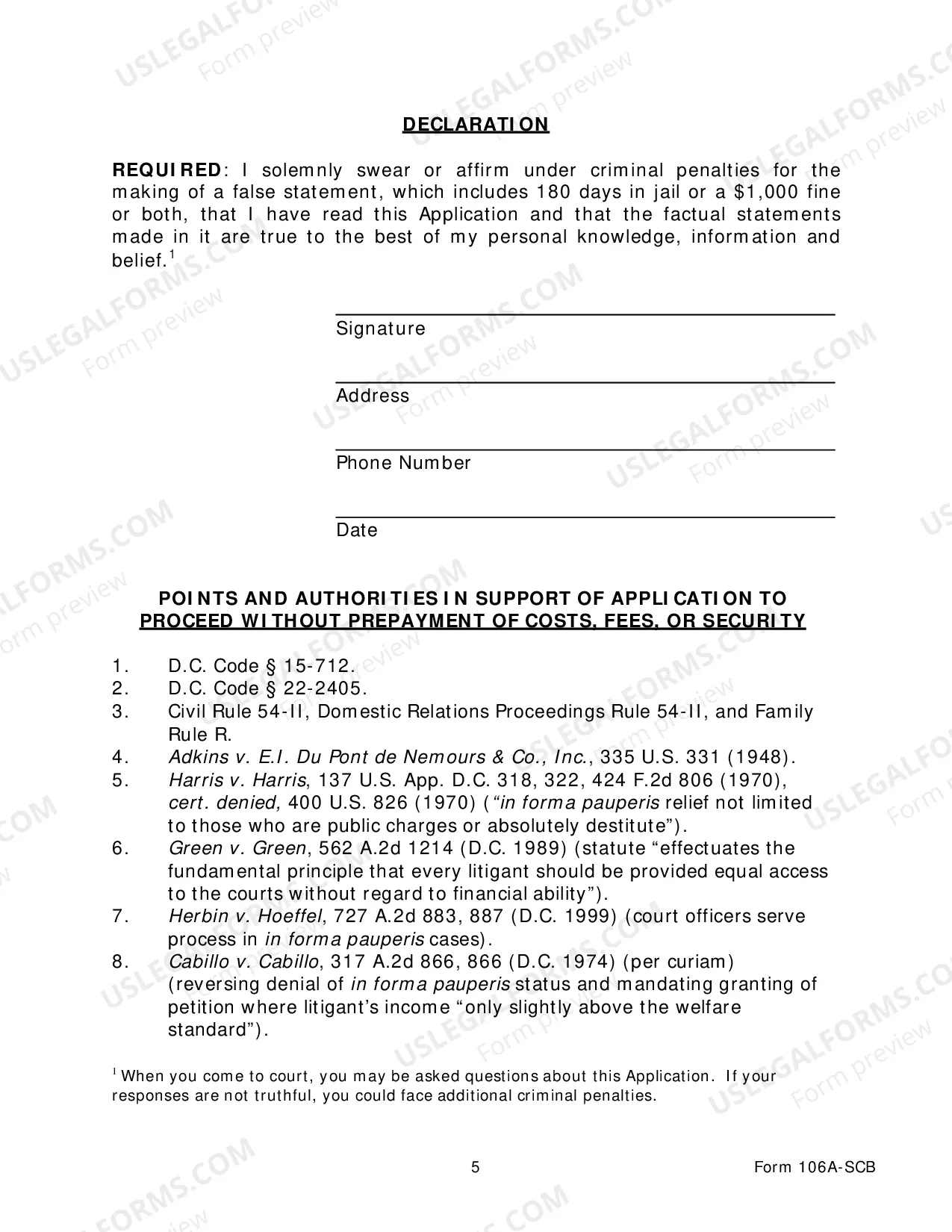Preview Application To Proceed Without Prepayment of Costs -Small Claims