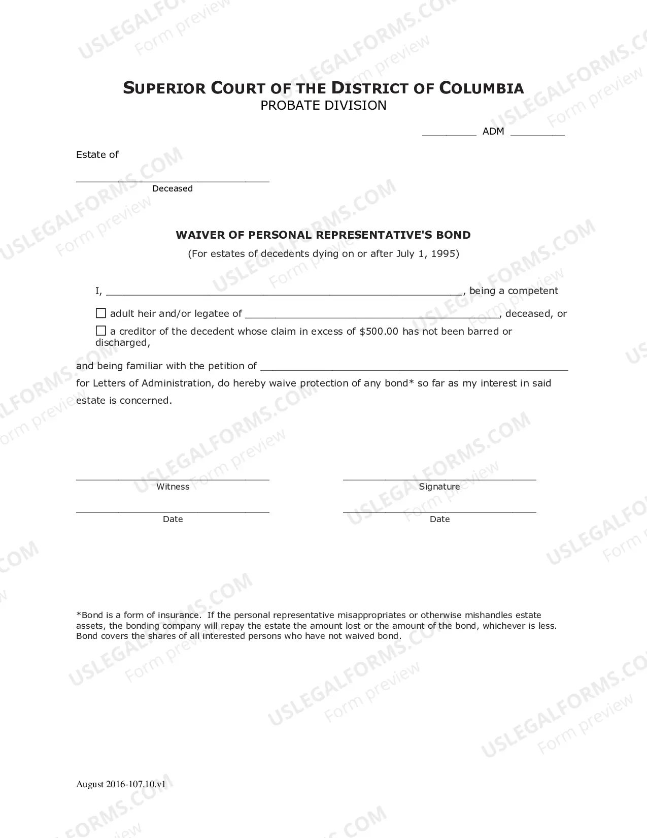 Preview Case Initiation-Abbreviated Probate (Adm)-Bond Or Waivers of Bond Or Some Combination