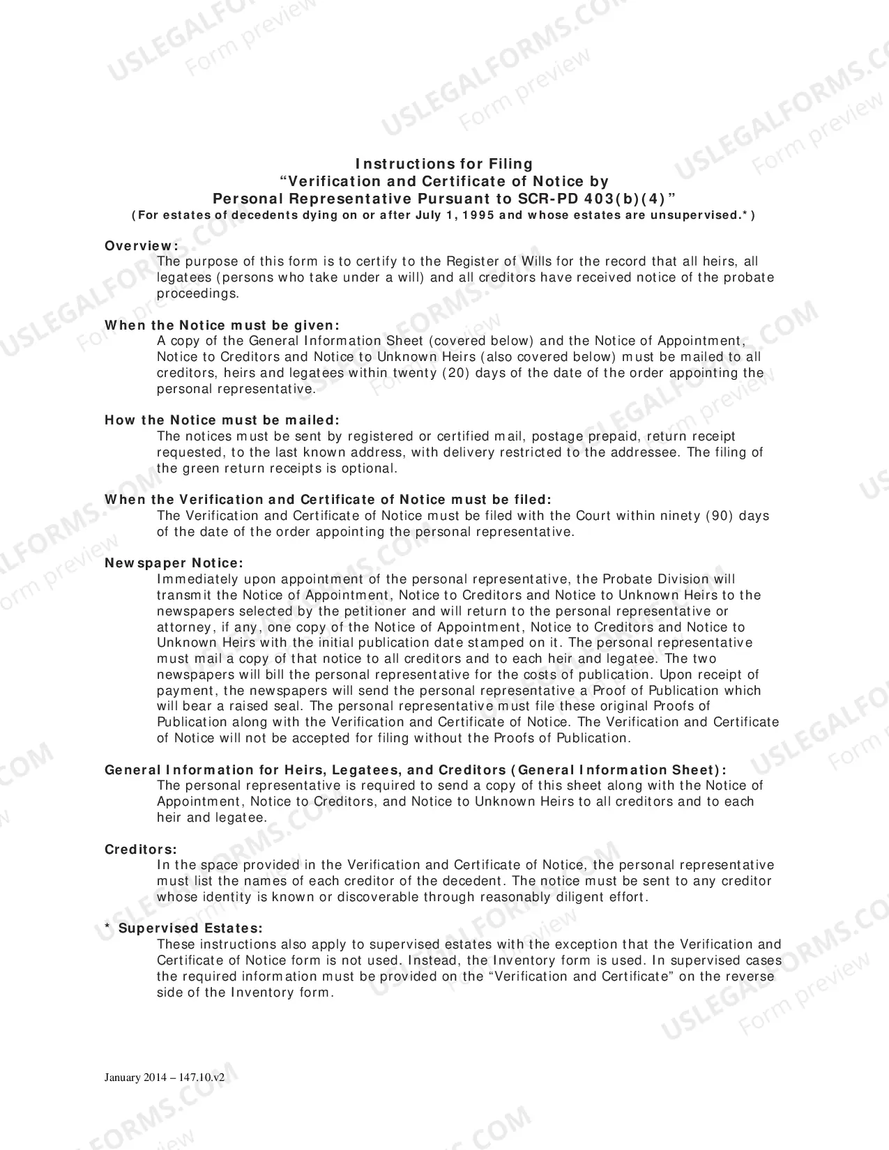 Preview General Forms (Adm)-Verification and Certificate of Notice By Personal Representative Pursuant To Scr-Pd 403(B)(4)