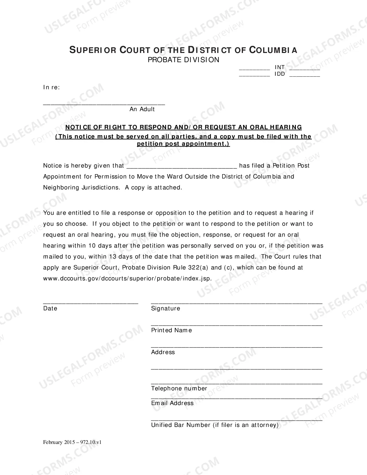 Preview General Forms (Int)-Petition Post Appointment For Permission To Move Ward Outside Dc and Neighboring Jurisdictions