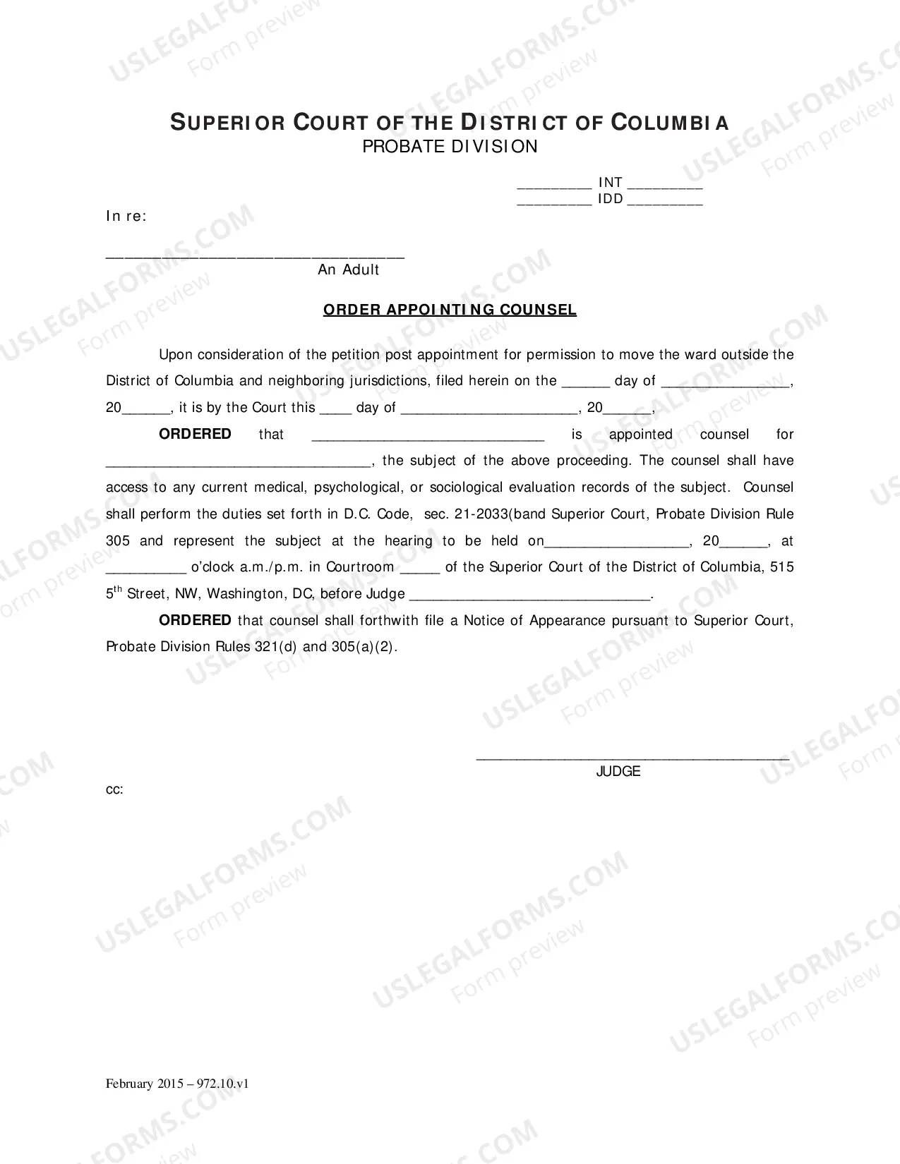 Preview General Forms (Int)-Petition Post Appointment For Permission To Move Ward Outside Dc and Neighboring Jurisdictions