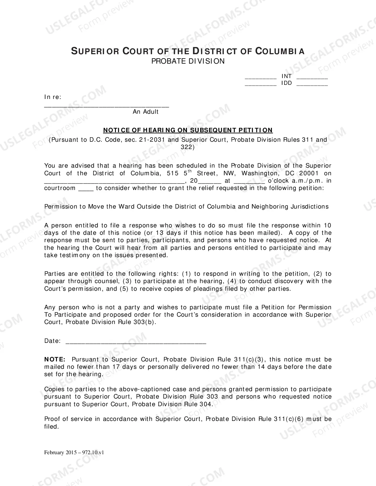 Preview General Forms (Int)-Petition Post Appointment For Permission To Move Ward Outside Dc and Neighboring Jurisdictions