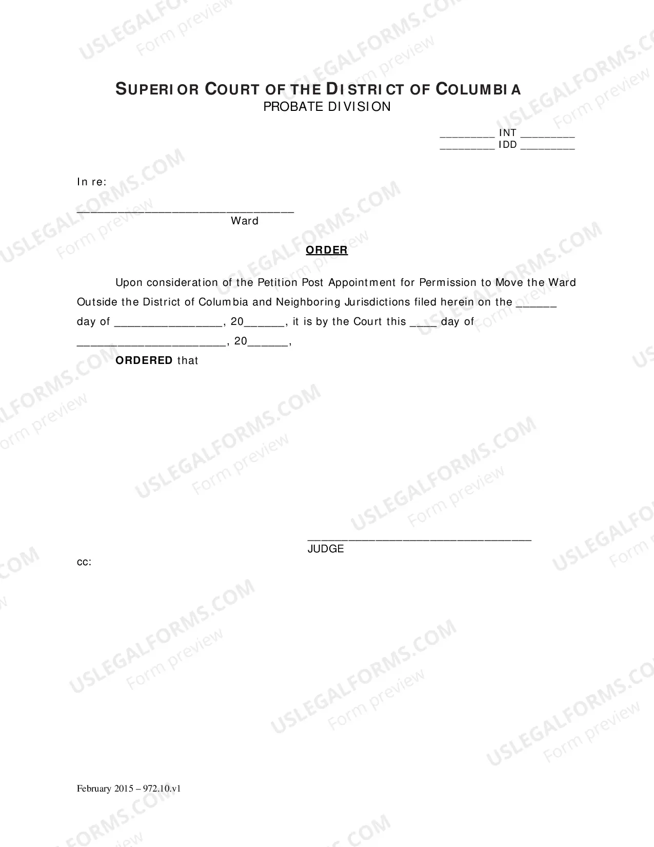 Preview General Forms (Int)-Petition Post Appointment For Permission To Move Ward Outside Dc and Neighboring Jurisdictions