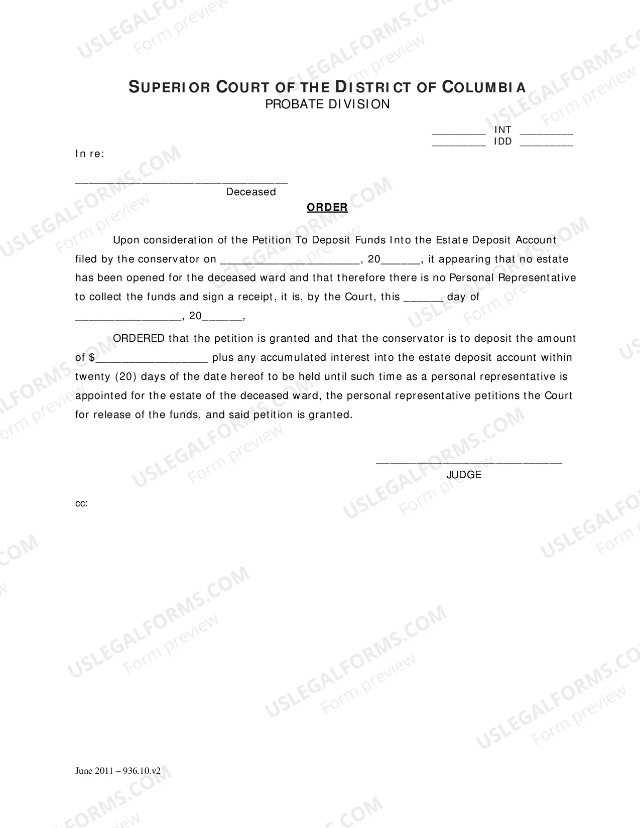 Preview General Forms (Int)-Petition To Deposit Funds Into The Estate