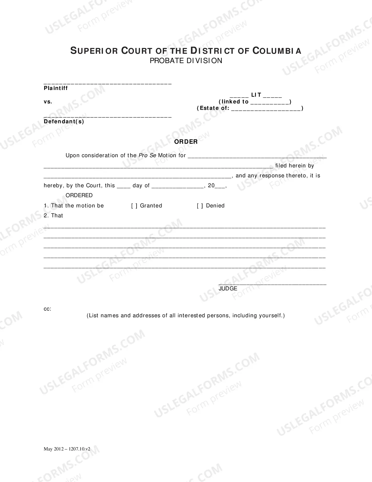 Preview General Forms (Lit)-Pro Se Motion and Order