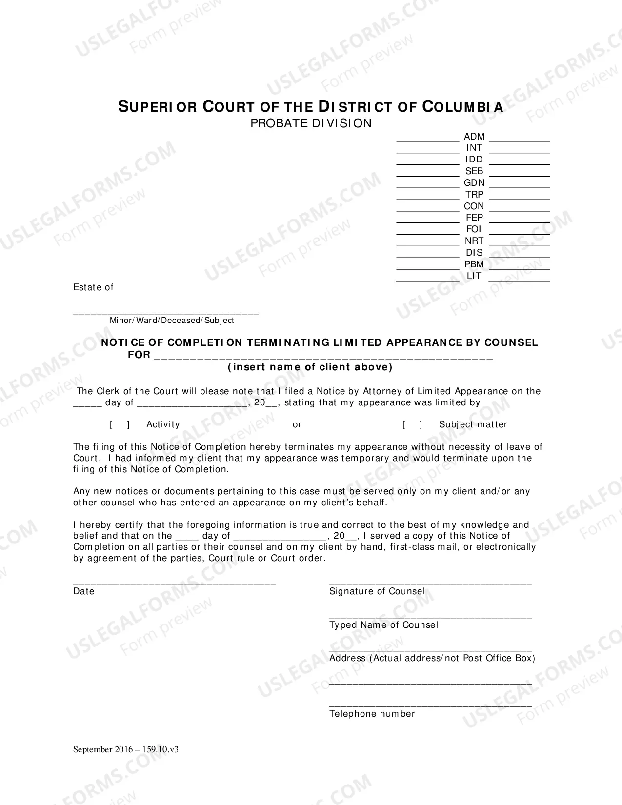 Preview General Forms (Seb)-Notice of Limited Appearance and Notice of Completion Terminating Limited Appearance By Counsel