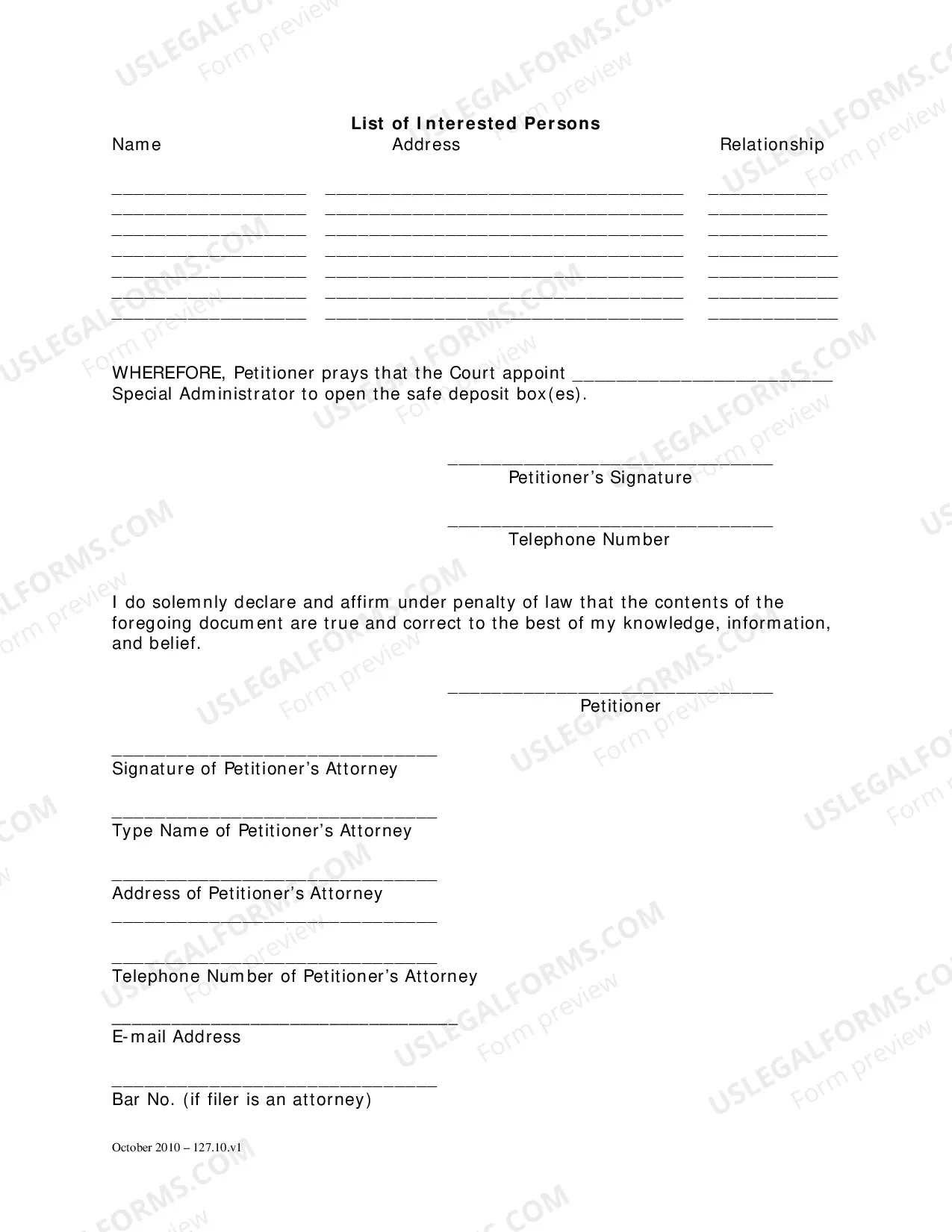 Preview General Forms (Wil)-Petition For Appointment of Special Administrator To Enter Safe Deposit Box and Order