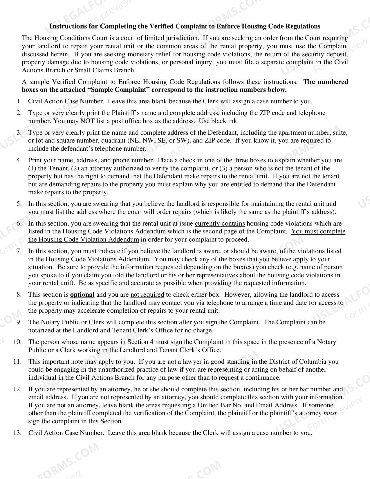 Preview Instruction Sheet For Housing Code Complaint