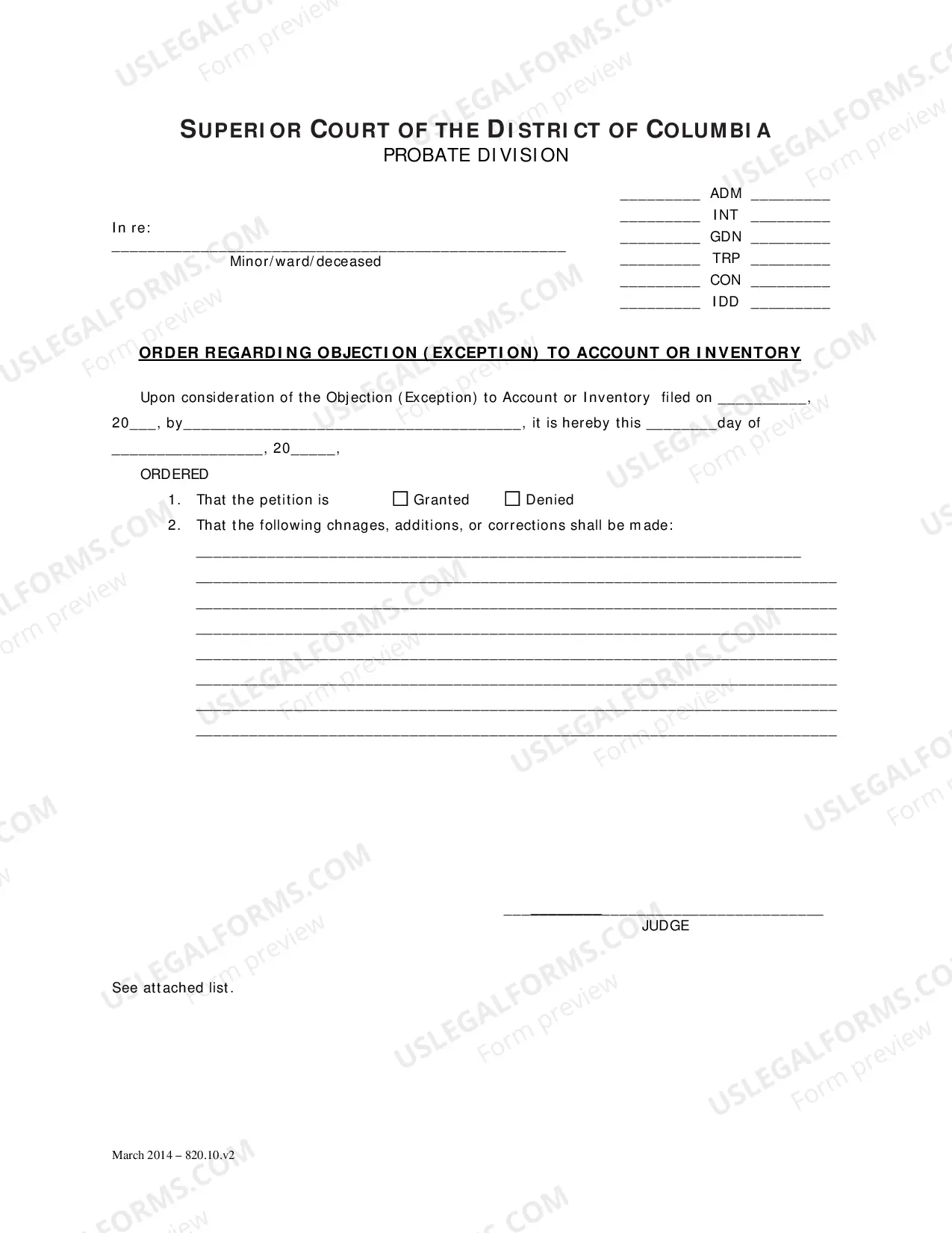 Preview Inventory and Accounting Forms (Adm)-Objection (Exception) To Account Or Inventory and Order