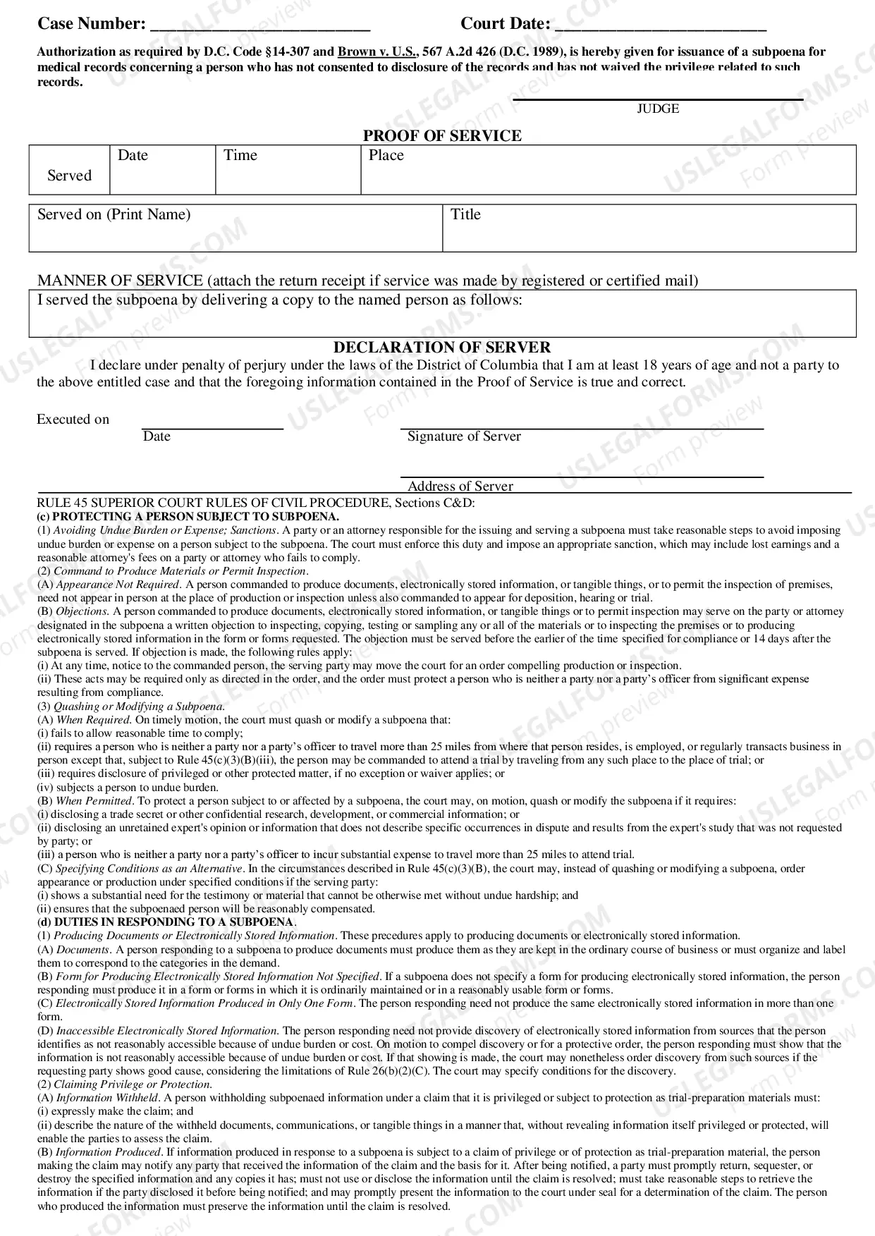 Preview Pro Se Subpoena Form Civil Actions
