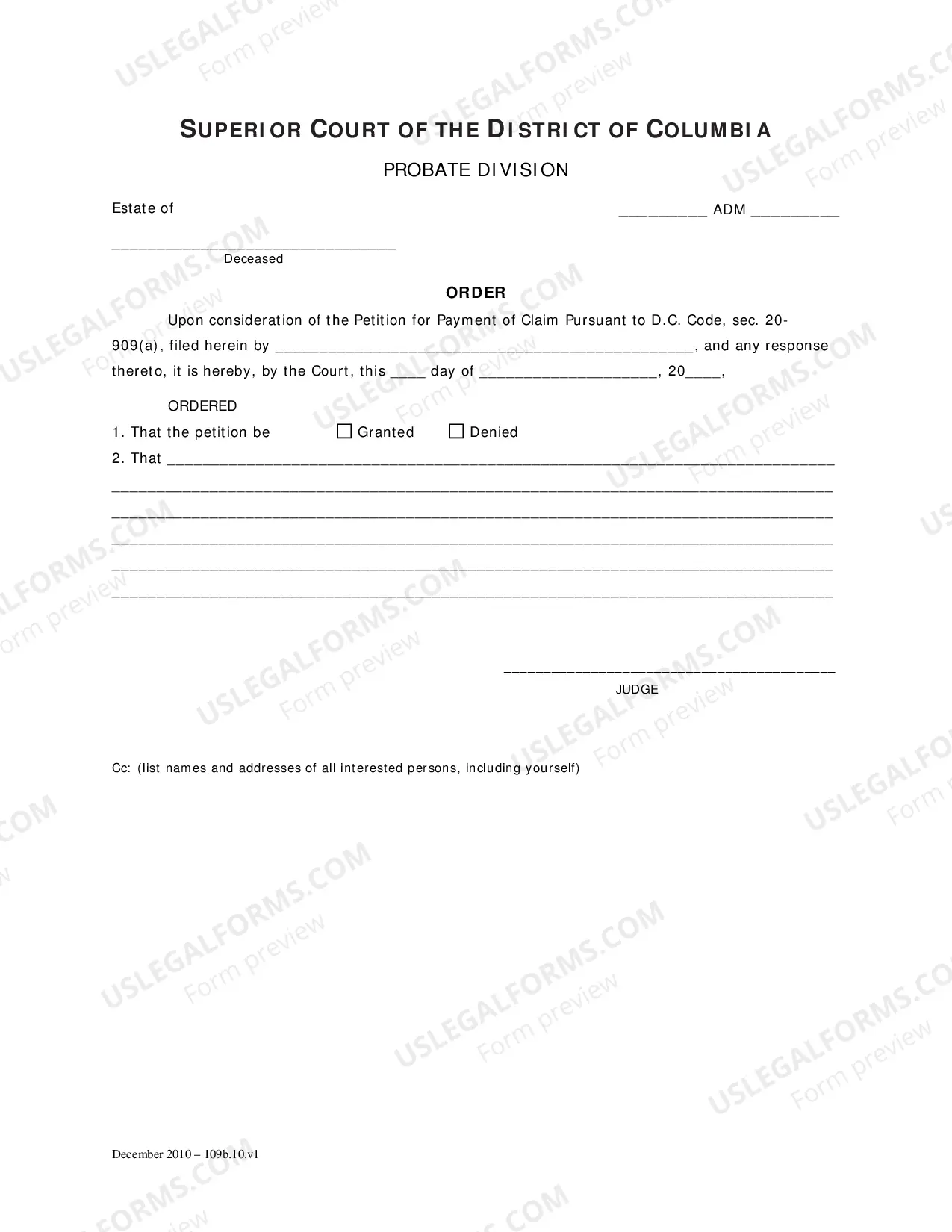 Preview Petition For Payment of Claim Pursuant To DC Code SEC 20 909(a)