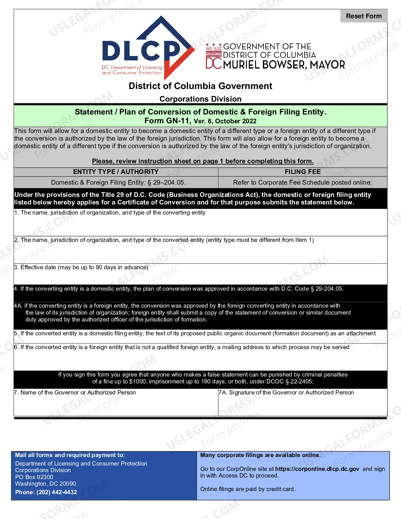 Preview Statement or Plan of Conversion of Domestic Foreign Filing Entity