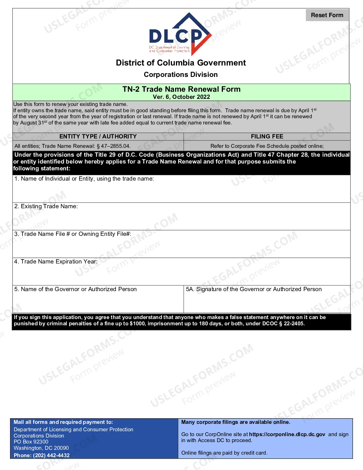 Preview TN 1 Trade Name Registration Form