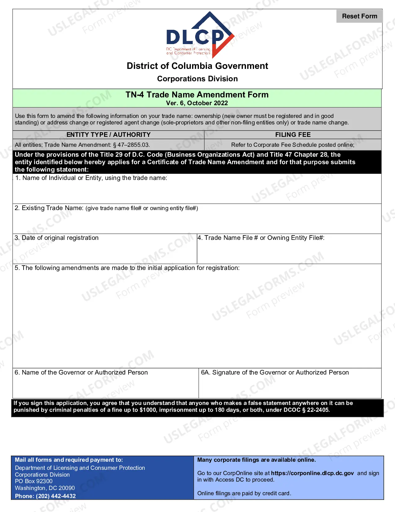 Preview TN 1 Trade Name Registration Form