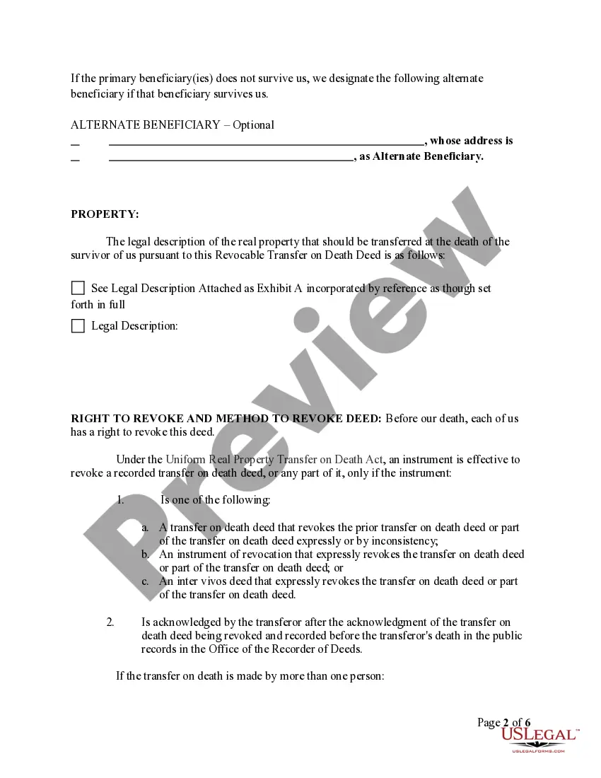 Preview Transfer on Death Deed or TOD - Beneficiary Deed for Two Individuals to One Individual