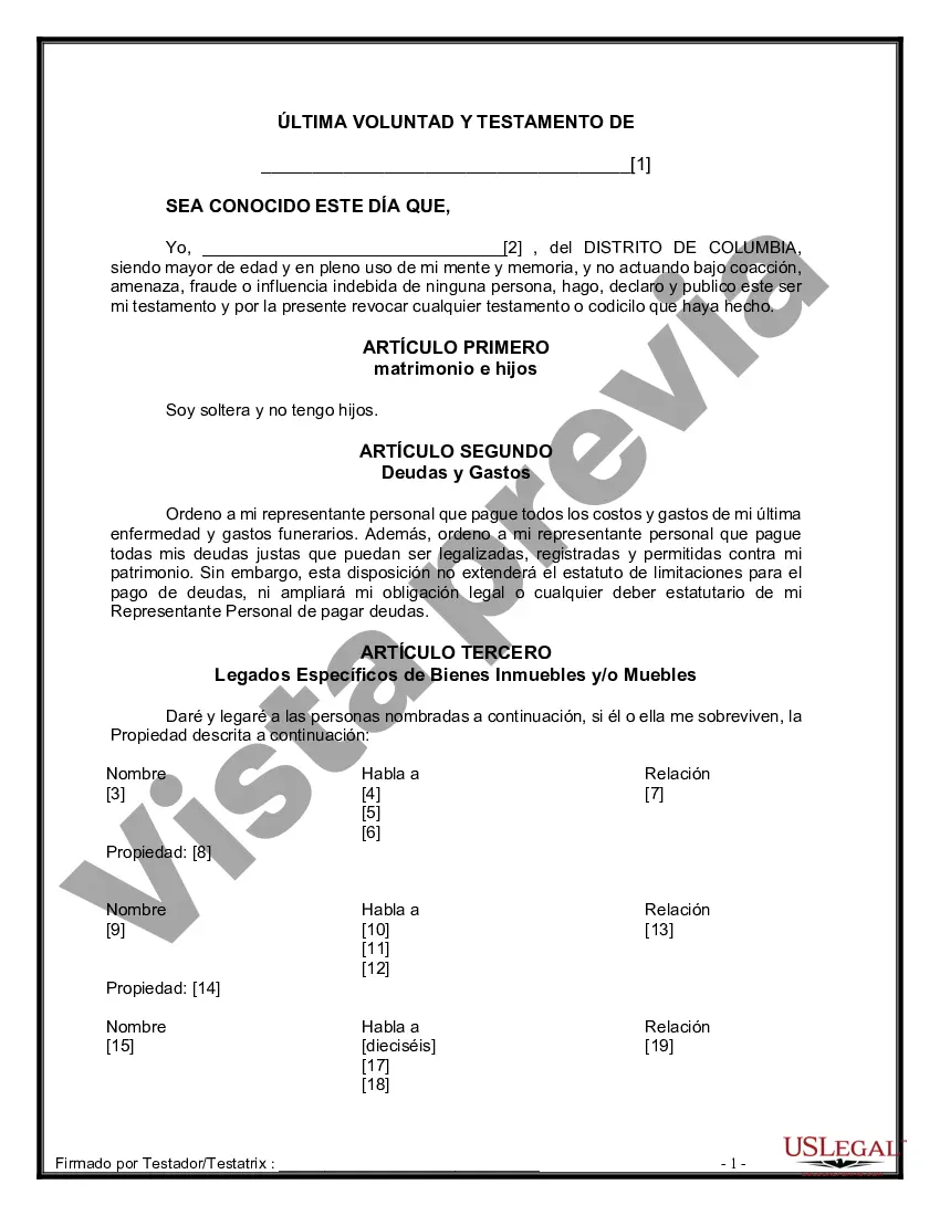 Preview Formulario de última voluntad y testamento legal para persona soltera sin hijos