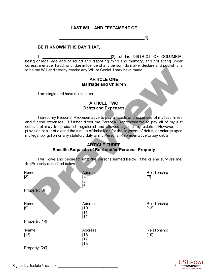 Preview Last Will and Testament for Single Person with No Children
