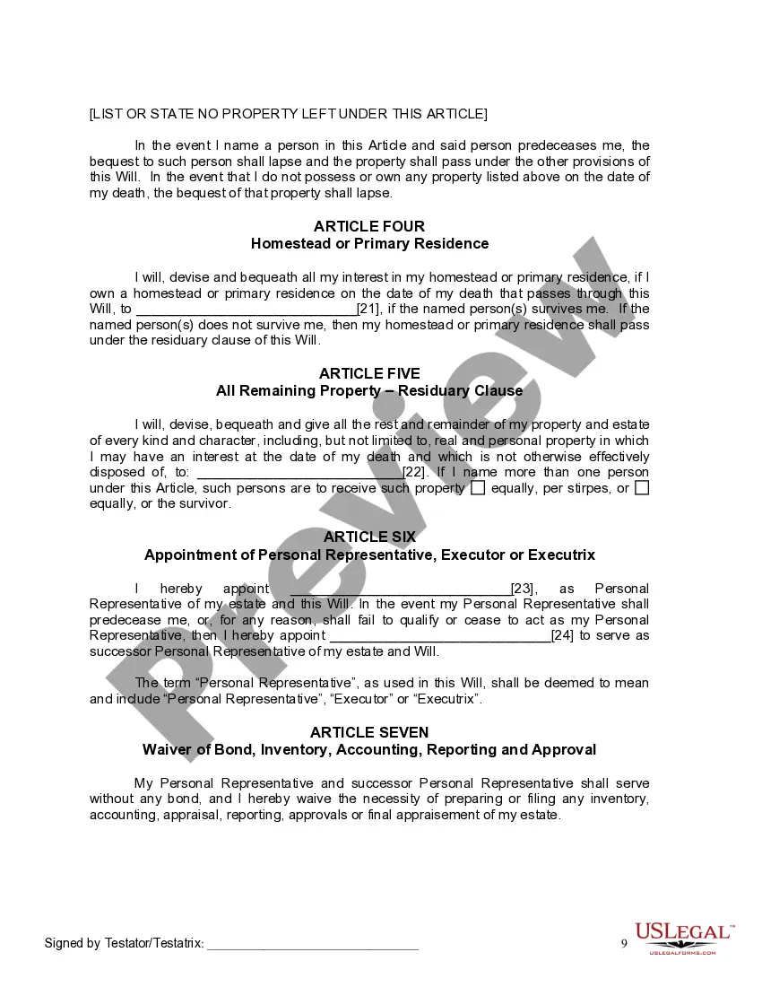 Preview Last Will and Testament for Single Person with No Children
