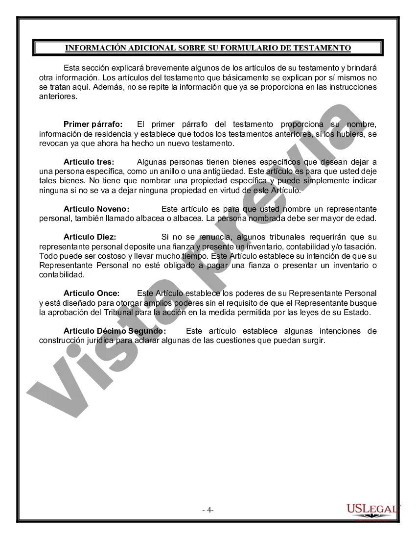 Preview Formulario Legal de Última Voluntad y Testamento para una Persona Soltera con Hijos Menores