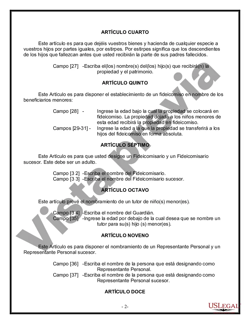 Preview Formulario Legal de Última Voluntad y Testamento para Persona Soltera con Hijos Adultos y Menores