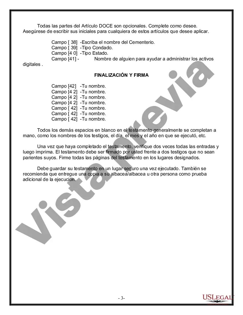 Preview Formulario Legal de Última Voluntad y Testamento para Persona Soltera con Hijos Adultos y Menores