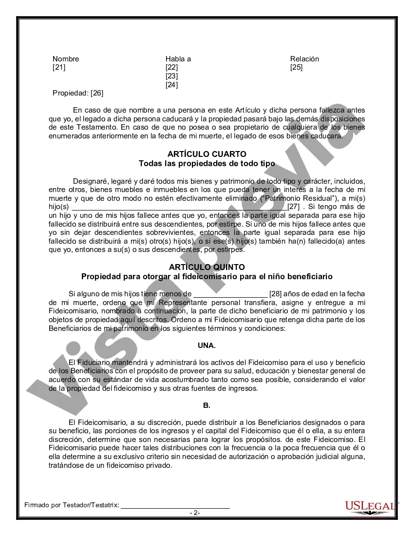 Preview Formulario Legal de Última Voluntad y Testamento para Persona Soltera con Hijos Adultos y Menores