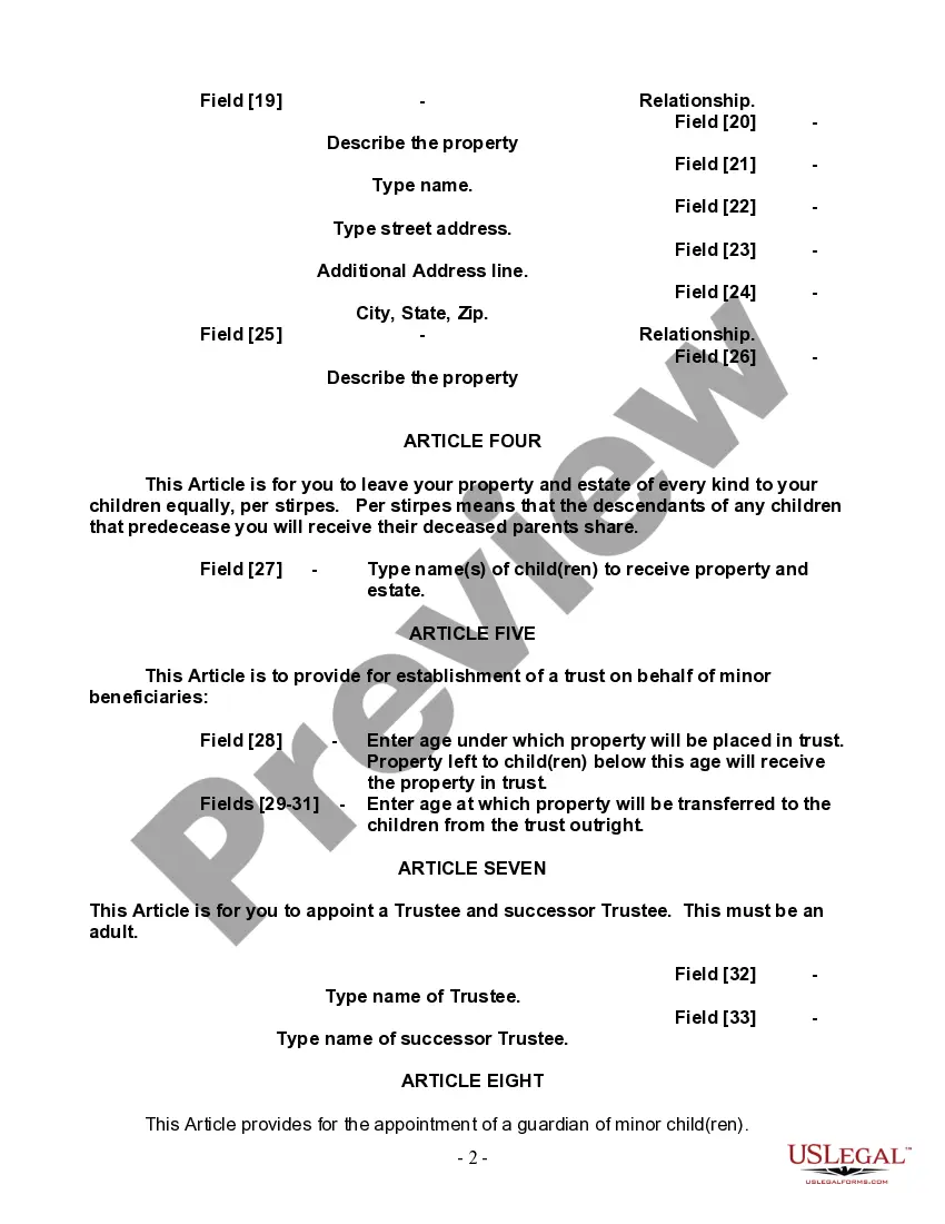 Preview Last Will and Testament for Single Person with Adult and Minor Children