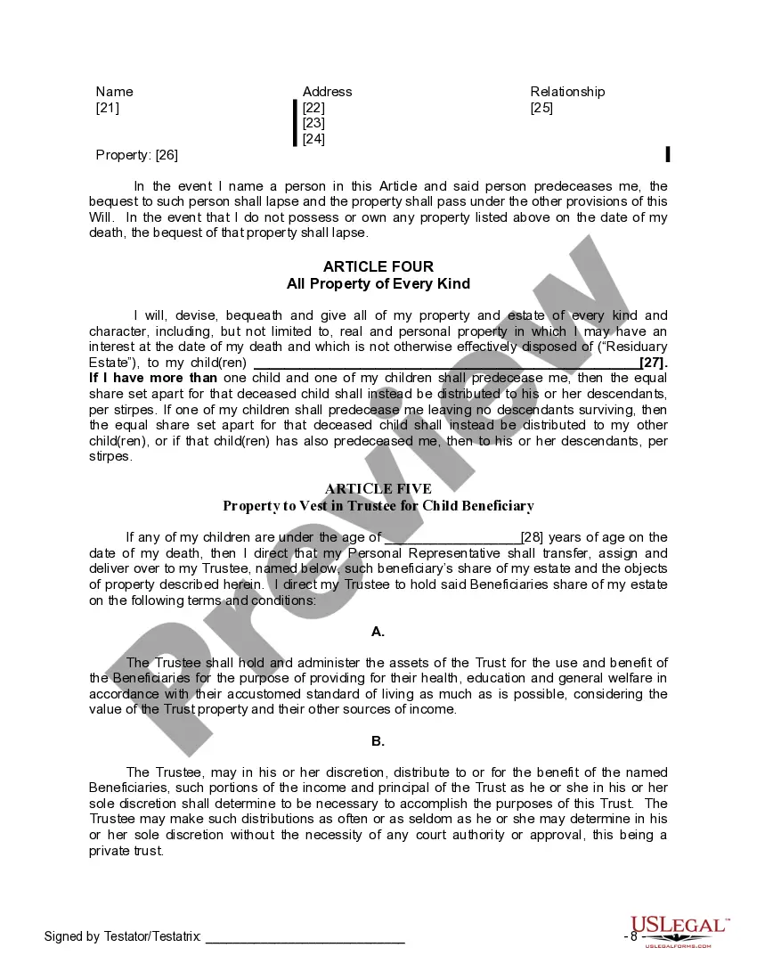 Preview Last Will and Testament for Single Person with Adult and Minor Children